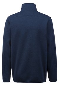 Marineblå fleecepully med halvdragkedja, långa ärmar och en texturerad tyg. Inga synliga logotyper eller mönster på baksidan.