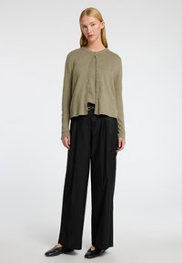 Olivnozeleni dolg rokav kardigan z gumbastim sprednjim delom, v kombinaciji s črnimi širokimi hlačami in črnimi balerinkami. Gladek, lahek material.