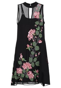Svart ärmlös klänning med blommig broderi i rosa och grönt, med en nätpanel och en detalj med nyckelhål på baksidan. Slät textur.