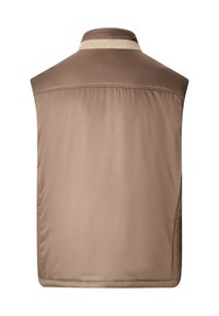 Gilet marrone senza maniche con colletto alto. Tessuto liscio con un accento in suede color sabbia a contrasto sul collo. Senza chiusure visibili.