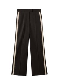 Pantalon noir à jambes larges avec deux bandes verticales crème sur les côtés. Confectionné dans un tissu lisse avec une ceinture ajustée.