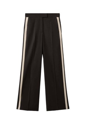 Schwarze, weit geschnittene Hosen mit zwei vertikalen cremefarbenen Streifen an den Seiten. Hergestellt aus einem glatten Stoff mit einem taillierten Bund.