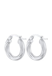 Tvistet sølv hoop øreringe med en blank finish, der har et kontinuerligt, bølgelignende design og enkle låse.