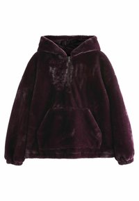 Fleece huppari syvässä purppurassa, jossa on puolivetoketju etuosassa, suuri tasku ja joustavat hihansuut. Hupparissa on pehmeä, pörröinen pinta.