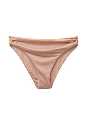 Ljusrosa bikiniunderdel med ett mjukt, elastiskt material. Har samlat detaljer på sidorna och en midjehöjd som är medelhög.
