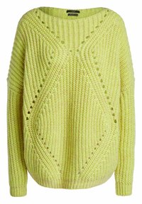 Pull en maille épaisse vert-jaune avec motif en losange, manches longues, poignets et ourlet côtelés.