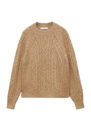 Beige gestrickter Pullover mit Zopfmuster, Rundhalsausschnitt und überschnittenen Schultern. Strukturierte Oberfläche mit gerippten Säumen und Bündchen.