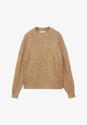 Beige gestrickter Pullover mit Zopfmuster, Rundhalsausschnitt und überschnittenen Schultern. Strukturierte Oberfläche mit gerippten Säumen und Bündchen.