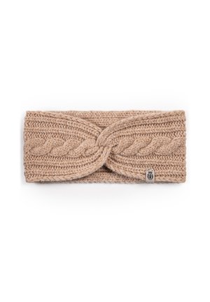 Strick-Stirnband in Beige mit geflochtenem Design und silbernem Logo-Tag. Aus strukturiertem Garn für Wärme und Komfort gefertigt.