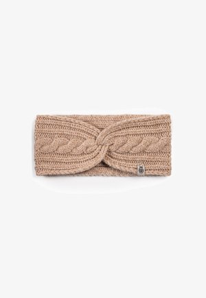 Knitted headband in a beige color with a braided design and a silver logo tag. Made of textured yarn for warmth and comfort.