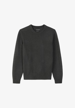 Dunkelgrauer Rundhals-Pullover aus weichem Stoff. Mit langen Ärmeln und Rippdetails an den Bündchen und dem Saum. Minimalistisches Design.