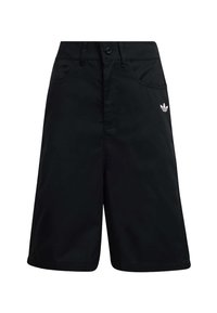 Black shorts made of a smooth fabric, featuring a button closure, two front pockets, and a small white logo on the left side.
