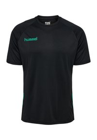 Zwarte sport t-shirt gemaakt van lichtgewicht stof, met korte mouwen, een ronde halslijn en groene logo-accenten aan de voorkant en zijkanten.