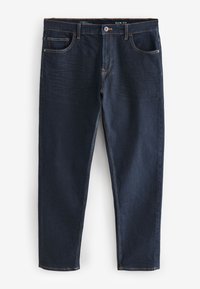 Slim fit tummansiniset farkut, jotka on valmistettu denimistä. Niissä on etutaskut, oranssit ompeleet, nappisuljenta ja suora lahje.