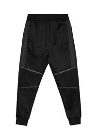 Pantalones jogger negros hechos de un material suave con paneles laterales de malla, una cinturilla elástica con cordones y puños en los tobillos ajustados.