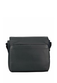 Sac bandoulière en cuir foncé avec rabat pliant, poche avant et sangle ajustable. Présente une surface texturée et un marquage subtil.