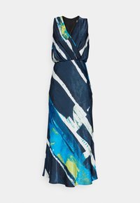 Maxi šaty z hedvábné látky s abstraktními modro-zelenými vzory a bílými pruhy, s výstřihem do V a elastickým pasem pro volný střih.