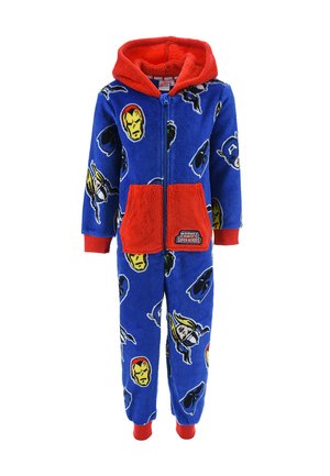 Fleece pajama onesie in blue with red accents and zip closure. Features superhero patterns, front pockets, and ribbed cuffs.