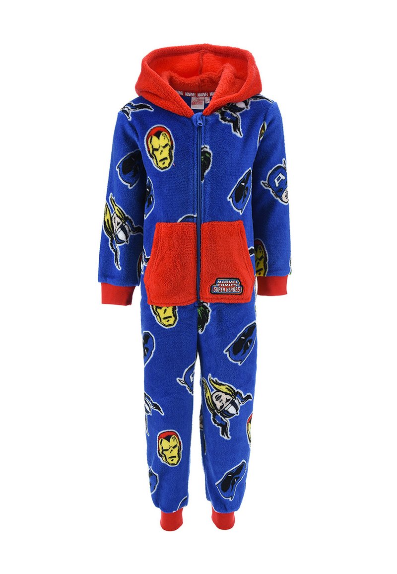 Mono de pijama de felpa en azul con acentos rojos y cierre de cremallera. Presenta patrones de superhéroes, bolsillos frontales y puños acanalados.