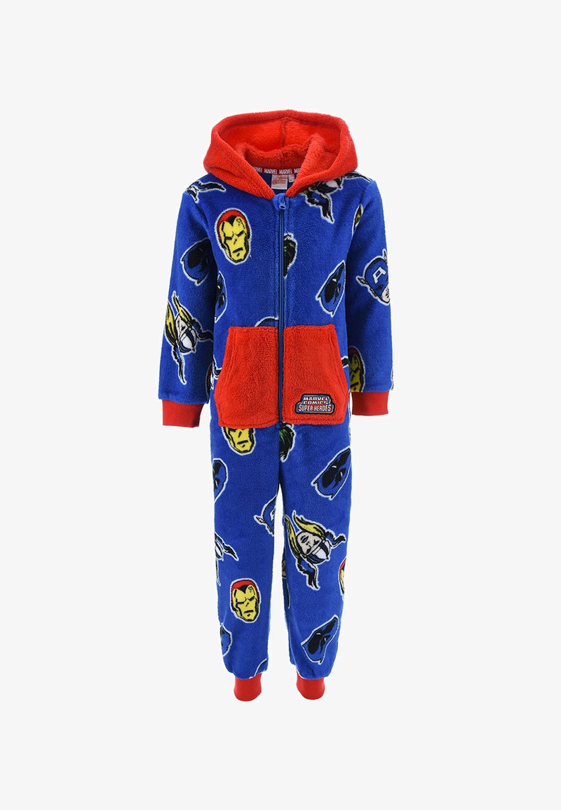 Mono de pijama de felpa en azul con acentos rojos y cierre de cremallera. Presenta patrones de superhéroes, bolsillos frontales y puños acanalados.