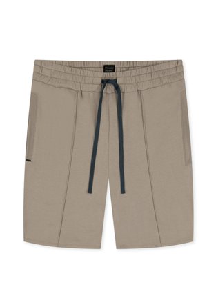 Beige cotton shorts with an elastic waistband and navy drawstring, featuring two side pockets and a smooth texture.