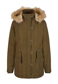 Hnědá parka bunda s kapucí lemovanou kožešinou, dvěma předními kapsami, stahováním v pase, zapínáním na knoflíky a strukturovanou látkou.