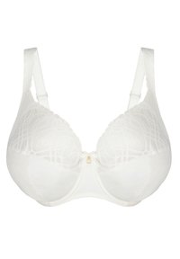 Sostén blanco con una copa inferior suave y delicados detalles de encaje en la parte superior. Presenta tirantes ajustables y un pequeño acento dorado en el centro.