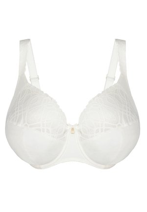 Witte beha met een gladde ondercup en delicate kantdetails aan de bovenkant. Voorzien van verstelbare bandjes en een klein gouden accent in het midden.