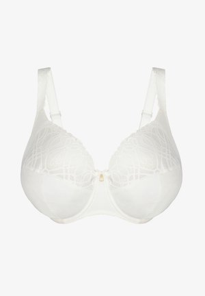 Sostenitore bianco con coppa inferiore liscia e delicati dettagli in pizzo nella parte superiore. Presenta spalline regolabili e un piccolo accessorio dorato al centro.