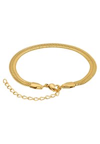 Goldfarbener Kettenarmband mit flexiblen Gliedern, glatter Textur und Karabinerverschluss. Verfügt über eine verstellbare Kettenverlängerung für Größenvielfalt.