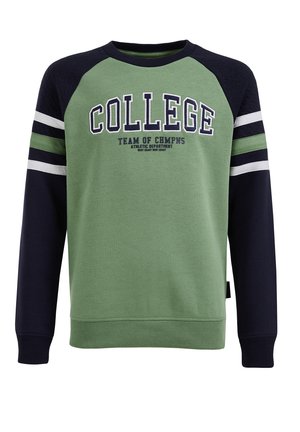 Grøn og marineblå sweatshirt med teksten "COLLEGE" og hvide striber på ærmerne, med atletikafdelingens logo på midten foran.