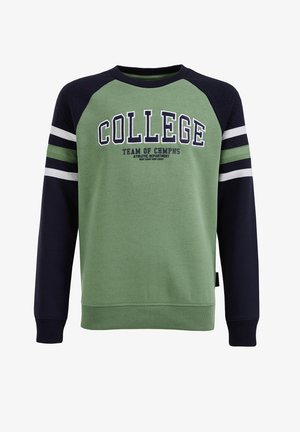 Sweat-shirt vert et marine avec le texte « COLLEGE » et des rayures blanches sur les manches, arborant le logo du département sportif au centre devant.