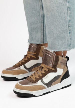 High-top sneakers featuring a mix of brown suede and metallic bronze accents, with white detailing and a textured black rubber sole.