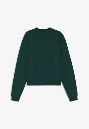 Grøn cropped sweatshirt med rund halsudskæring, ribmede manchetter og kant. Har broderet "HUGO" logo i midten af brystområdet.