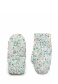 Strickhandschuhe in Weiß mit pastellfarbenen Sprenkeln, abgerundeten Oberteilen und gerippten Bündchen. Weiche Textur mit einem gemütlichen Aussehen, designed für Wärme.