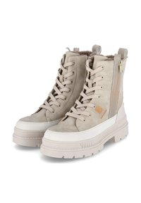 Beżowe zamszowe botki za kostkę z wiązanym przodem, bocznym zamkiem błyskawicznym i białą gumową podeszwą; posiadają miękkie wewnętrzne wykończenie i pomarańczowe akcenty w przeszyciach.