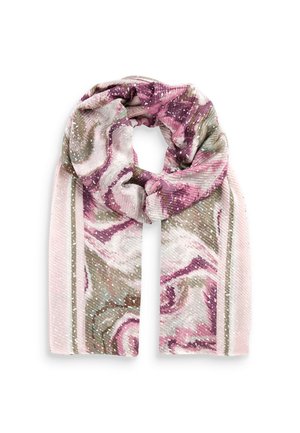 Soft fabric scarf with a pink, purple, and green marble pattern, accented by small white speckles and a ribbed texture.