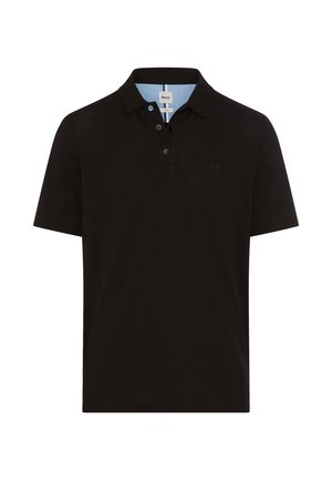 Black polo shirt with a collar, two-button placket, and subtle logo. Made of soft fabric with a smooth texture. Short sleeves.
