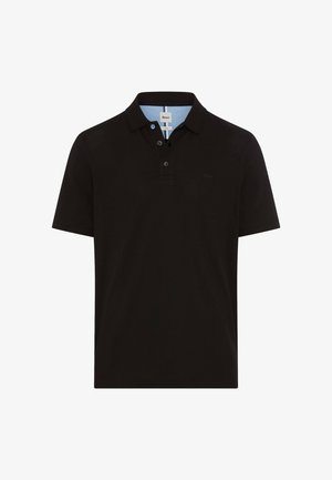 Sort polo-shirt med krave, to-knaps lukning og diskret logo. Lavet af blødt stof med en glat tekstur. Korte ærmer.