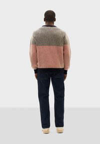 Knit sweater featuring vertical stripes in pink, cream, and black. Ribbed neckline and cuffs, worn with dark blue jeans and light footwear.