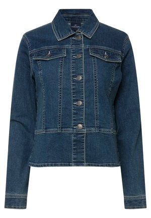 Veste en denim bleu foncé avec col, six boutons sur le devant et deux poches poitrine. Présente des coutures renforcées et un design court.