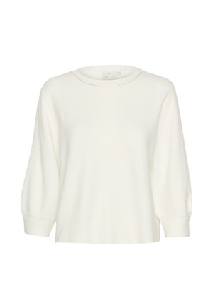 Weißer Strickpullover mit Rundhalsausschnitt und drei Viertel langen Ärmeln. Weiche Textur mit lockerer Passform. Schlichtes Design, ohne Muster oder Akzente.