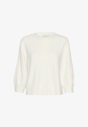 Weißer Strickpullover mit Rundhalsausschnitt und drei Viertel langen Ärmeln. Weiche Textur mit lockerer Passform. Schlichtes Design, ohne Muster oder Akzente.