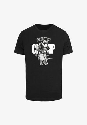 Melna kokvilnas T-kreklus ar boksera grafiku, tekstu "VISLABĀKAIS ČEMPIONS" un "Slīd ar žēlastību, sit ar spēku." balti.