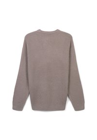 Beige gestrickter Pullover mit strukturiertem Muster, langen Ärmeln und rundem Halsausschnitt. Der Saum und die Bündchen sind gerippt für zusätzliche Details.
