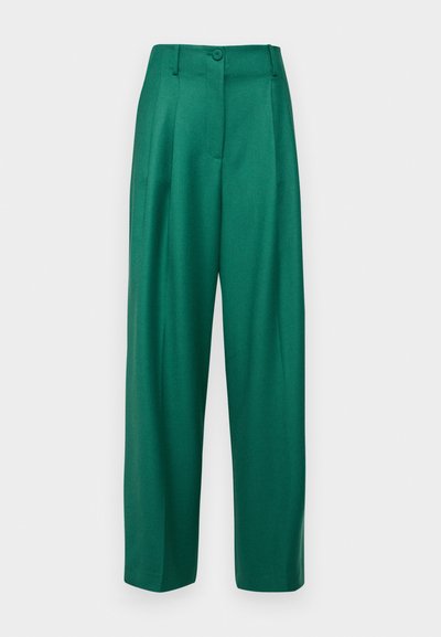 Green tailored trousers with a high waist, wide legs, single button closure, and smooth texture, featuring front pleats and no pockets.