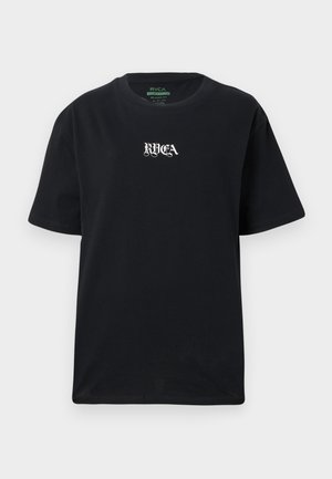 Svart bomull T-skjorte med avslappet passform. Har en hvit "RVCA"-logo trykket foran. Korte ermer og rund halsdesign.