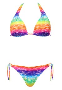 Kolorowy bikini z gradientowym wzorem w odcieniach niebieskiego, zielonego, żółtego, pomarańczowego, różowego i fioletowego. Związania po bokach dołu.