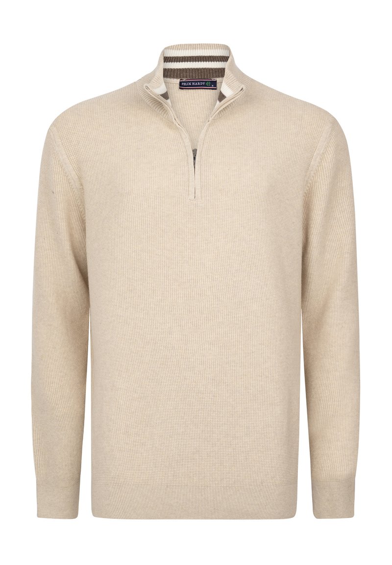 Beige knit sweater with long sleeves and a half-zip collar. Features a textured weave and striped accents at collar.