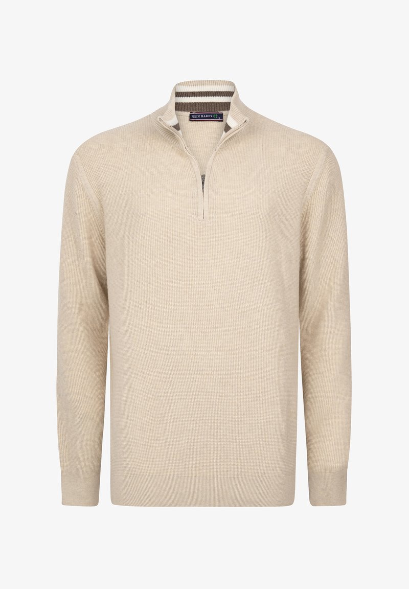 Beżowy sweter dzianinowy z długimi rękawami i kołnierzem na pół-zamek. Posiada teksturowany splot oraz paskowe akcenty na kołnierzu.